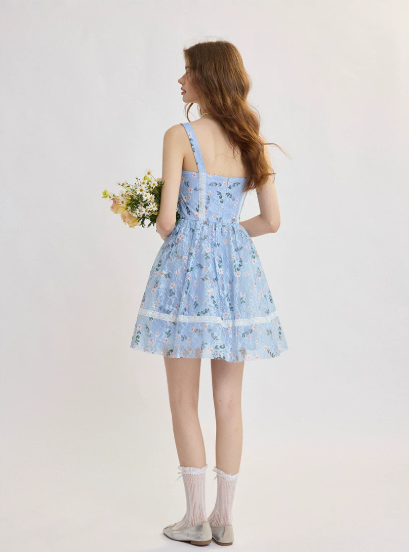 Blue Floral Lace Cami Dress Women With Bow Detail And Flared Skirt R9451