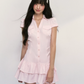 Baby Pink Button-Front Shirt Dress with Puff Sleeves, Tiered Ruffle Hem and Back Smocked Waist R9251