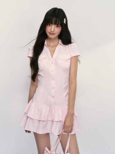 Baby Pink Button-Front Shirt Dress with Puff Sleeves, Tiered Ruffle Hem and Back Smocked Waist R9251