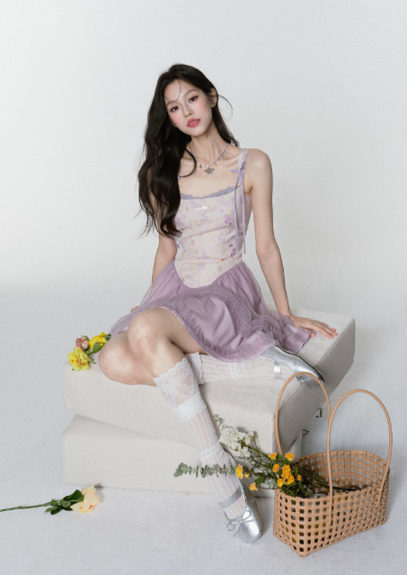 Purple Floral Jacquard Corset Cami Dress Women With Tulle Skirt And Bow Straps R9409