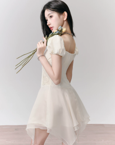 Cream White Corset Style Mini Dress Women With Puff Sleeves And Lace Trim R9442