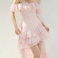 Pink Chiffon Off-Shoulder Maxi Dress Women With Ruffled Tiered Skirt R9462