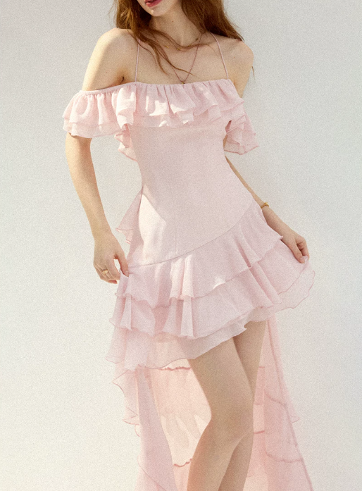 Pink Chiffon Off-Shoulder Maxi Dress Women With Ruffled Tiered Skirt R9462