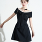 Classic Black Off-Shoulder A-Line Dress, Women's Short Sleeve with Lace Trim and Bow Neck Mini Dress R9332