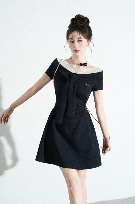 Classic Black Off-Shoulder A-Line Dress, Women's Short Sleeve with Lace Trim and Bow Neck Mini Dress R9332