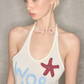 Fairycore White Knitted Halter Dress With "Woo Ha" Embroidery And Bodycon Fit R9280
