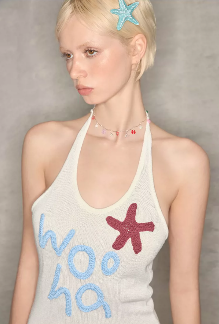 Fairycore White Knitted Halter Dress With "Woo Ha" Embroidery And Bodycon Fit R9280