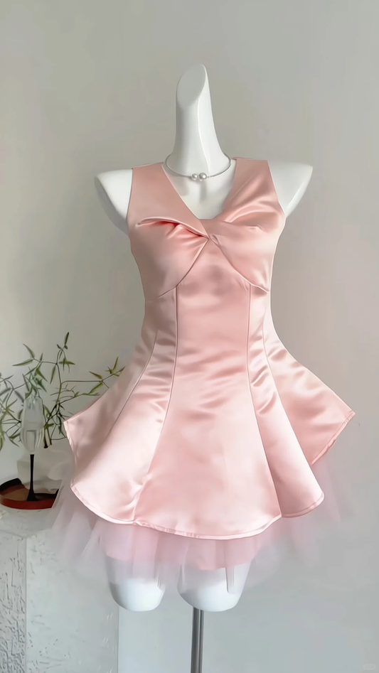 Pink Satin Girl V-Neck Waist Slim Fit Short Skirt Homecoming Dress R4346