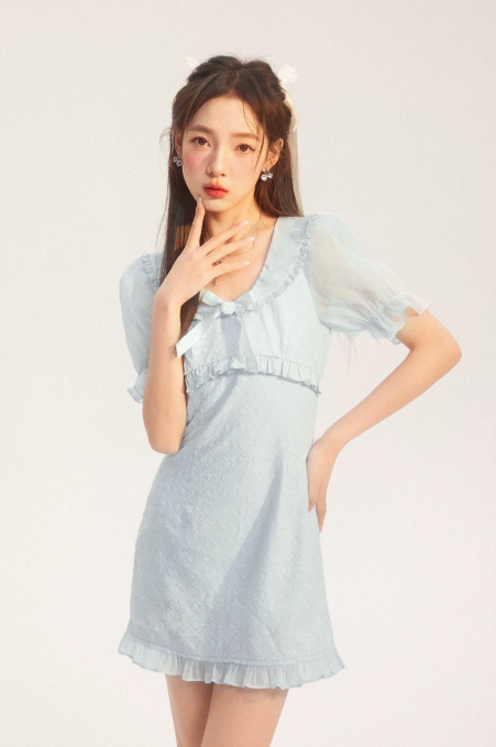 Fairycore Light Blue Lace Embroidery Dress With Puff Sleeves And Ruffle Hem R9303