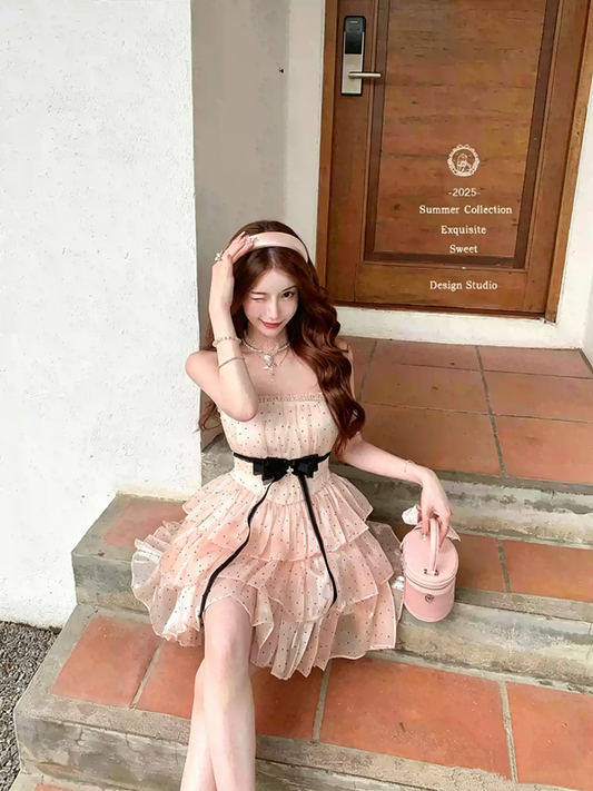 Coquette Strapless Tiered Tulle Dress with Polka Dot Print & Bow Detail R9142