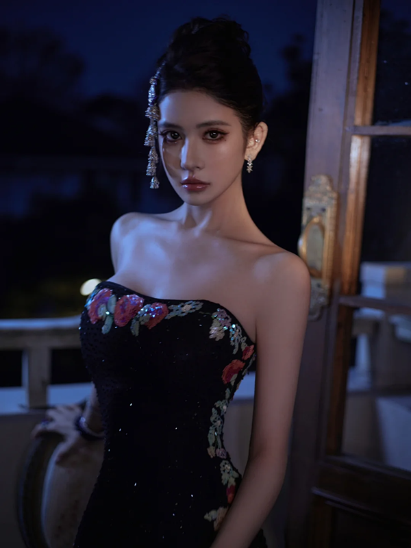 Black Strapless Ruched-Waist Bodycon Mermaid Prom Dress R7087