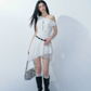 White Off-Shoulder Mini Dress Women Ruched Waist Asymmetrical Hem Dress R9354