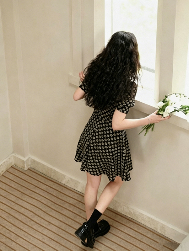 Black Floral Print Mini Dress Women With Lace Trim And Puff Sleeves R9461