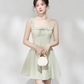 Minimalist Mint Green Flare Dress, Women's Square Neck with Ruffled Straps and Tie Detail Mini Dress R9330