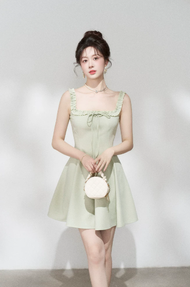 Minimalist Mint Green Flare Dress, Women's Square Neck with Ruffled Straps and Tie Detail Mini Dress R9330