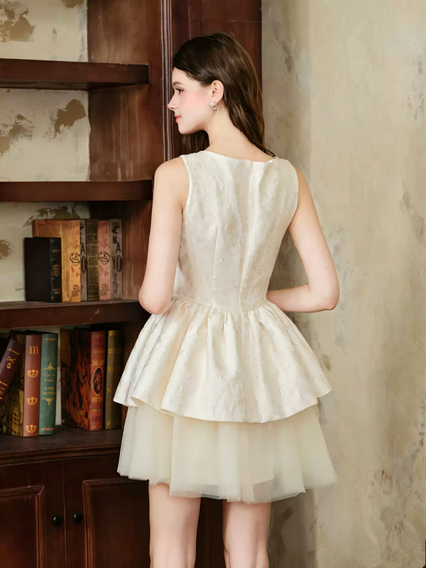 Elegant Off-White Jacquard Dress with Rhinestone Embellished Neck R9210