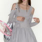 Grey Cutout Long Sleeve Drawstring Dress Women High Waist Puff Hem Mini Dress R9385