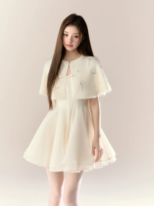 White halter cape waist slim A-line short skirt homecoming dress R5398