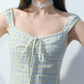 Fresh Style Yellow Blue Plaid Tie Front Dress Women Summer Slim Fit Flare Dress R9352