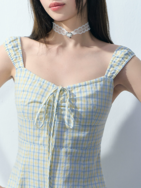 Fresh Style Yellow Blue Plaid Tie Front Dress Women Summer Slim Fit Flare Dress R9352
