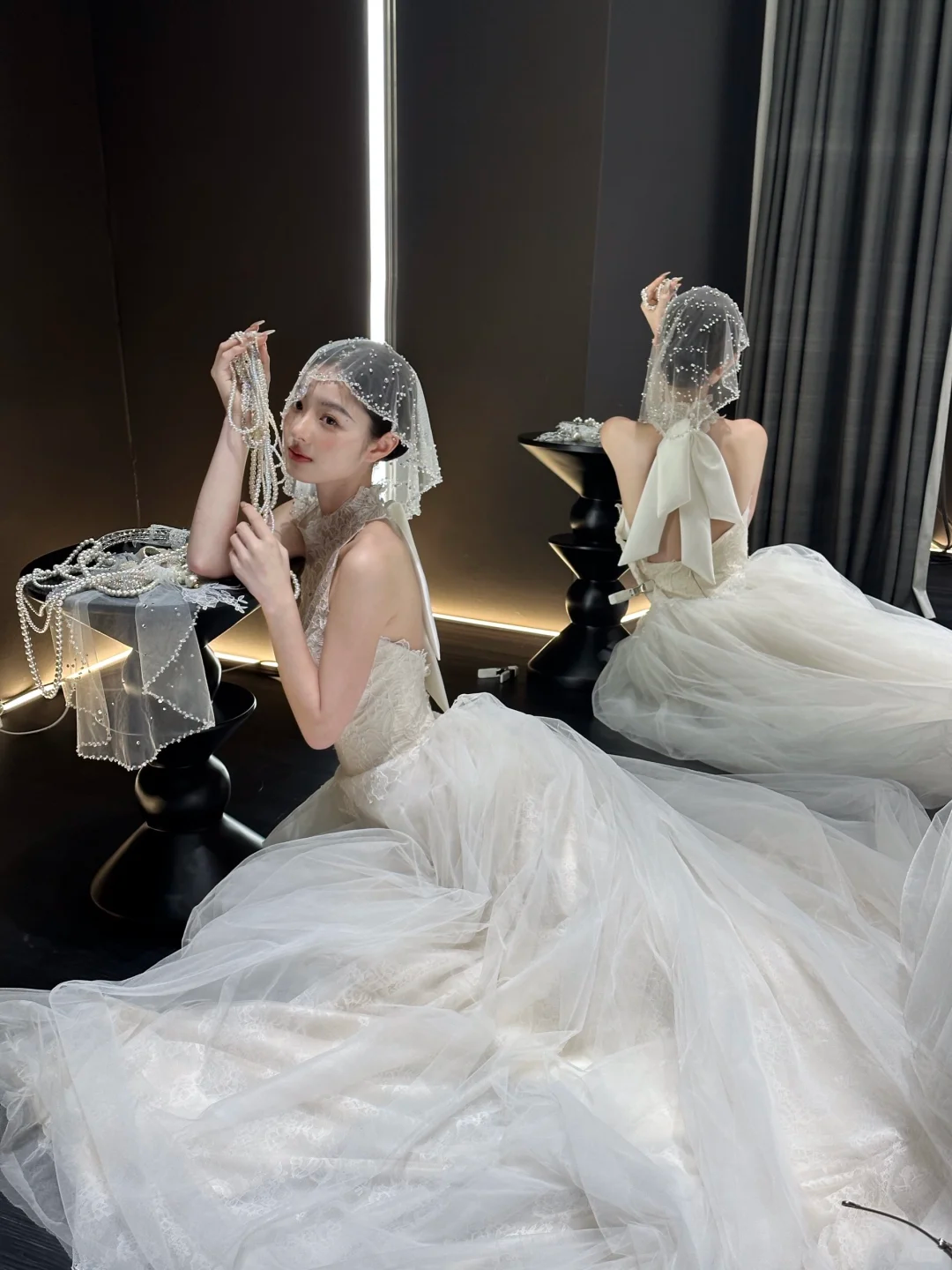 White lace elegant halter neck slim waist long dress bridal gown R6049