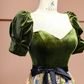 Green square neckline, fitted waist, slim-fitting retro print long ball gown/bridal dress R8393