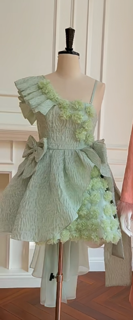 Green asymmetrical suspenders waist slim fit puffy princess skirt homecoming dress R5037