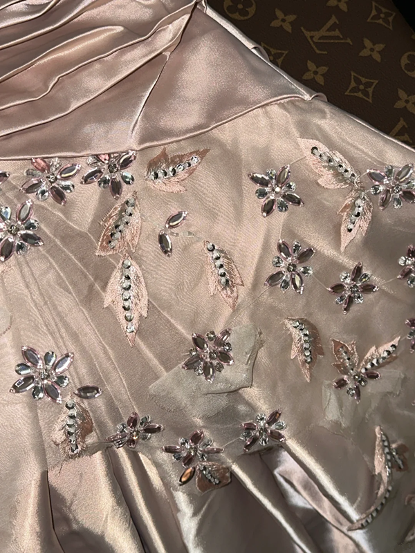 Light champagne-colored strapless, fitted, sexy long ball gown R6967