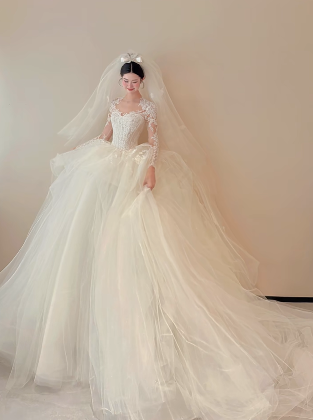 White lace top waist slim fit puffy skirt tulle long dress bridal dress R6029