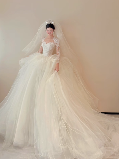 White lace top waist slim fit puffy skirt tulle long dress bridal dress R6029
