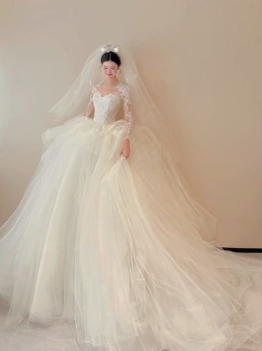 White lace top waist slim fit puffy skirt tulle long dress bridal dress R6029