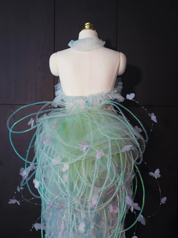 Light green halter neck fitted waist sexy long ball gown R8944