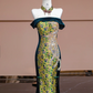 Yellow-based, green floral print, off-the-shoulder, fitted, long ball gown R8336