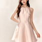 Light Pink Halter Neck Flare Mini Dress with Bow and Beaded Neckline R9227