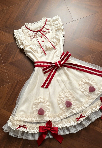 Lolita Style Round Neck A-Line Dress with Lace Ruffles & Red Bow Detail R9145