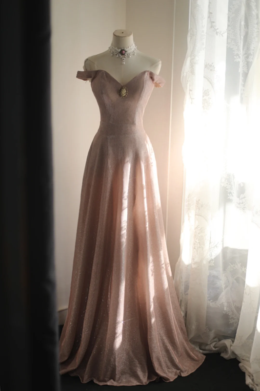 Light pink off-shoulder fitted long ball gown R6688
