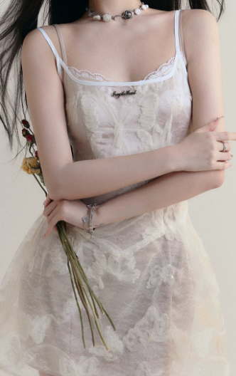 White Lace Butterfly Print Cami Dress Women With Corset Style Bodice R9446