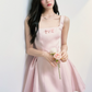 Pink French Hepburn Style Mini Dress Women With Square Neck And Bow Detail R9413