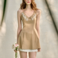 Camel Halter Mini Dress with Lace Trim Neckline, Layered Lace Hem and Fitted Flared Silhouette R9262