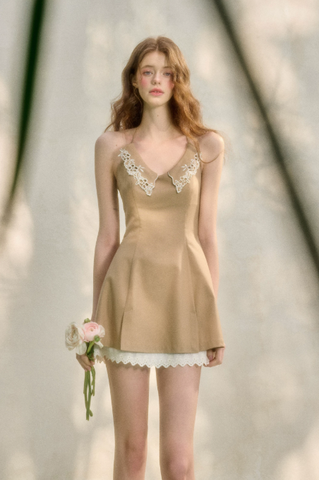 Camel Halter Mini Dress with Lace Trim Neckline, Layered Lace Hem and Fitted Flared Silhouette R9262