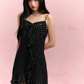 Black Polka Dot Slip Dress with Sweetheart Neck, Ruffled Trim, Asymmetric Hem R9255