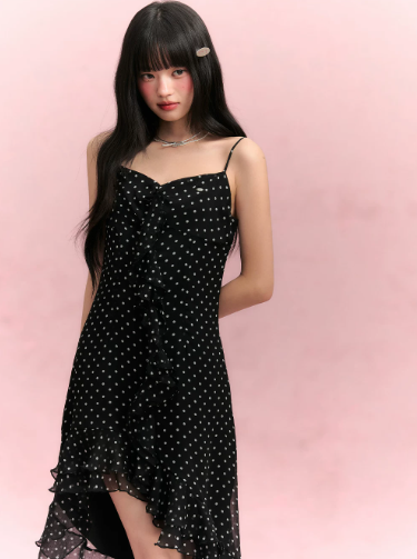 Black Polka Dot Slip Dress with Sweetheart Neck, Ruffled Trim, Asymmetric Hem R9255