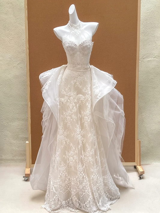 White lace halterneck sleeveless waist slim hip maxi bridal dress R5735