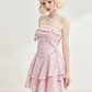 Pink Eyelet Embroidery Halter Strapless Mini Dress With Tiered Ruffle Skirt R9291