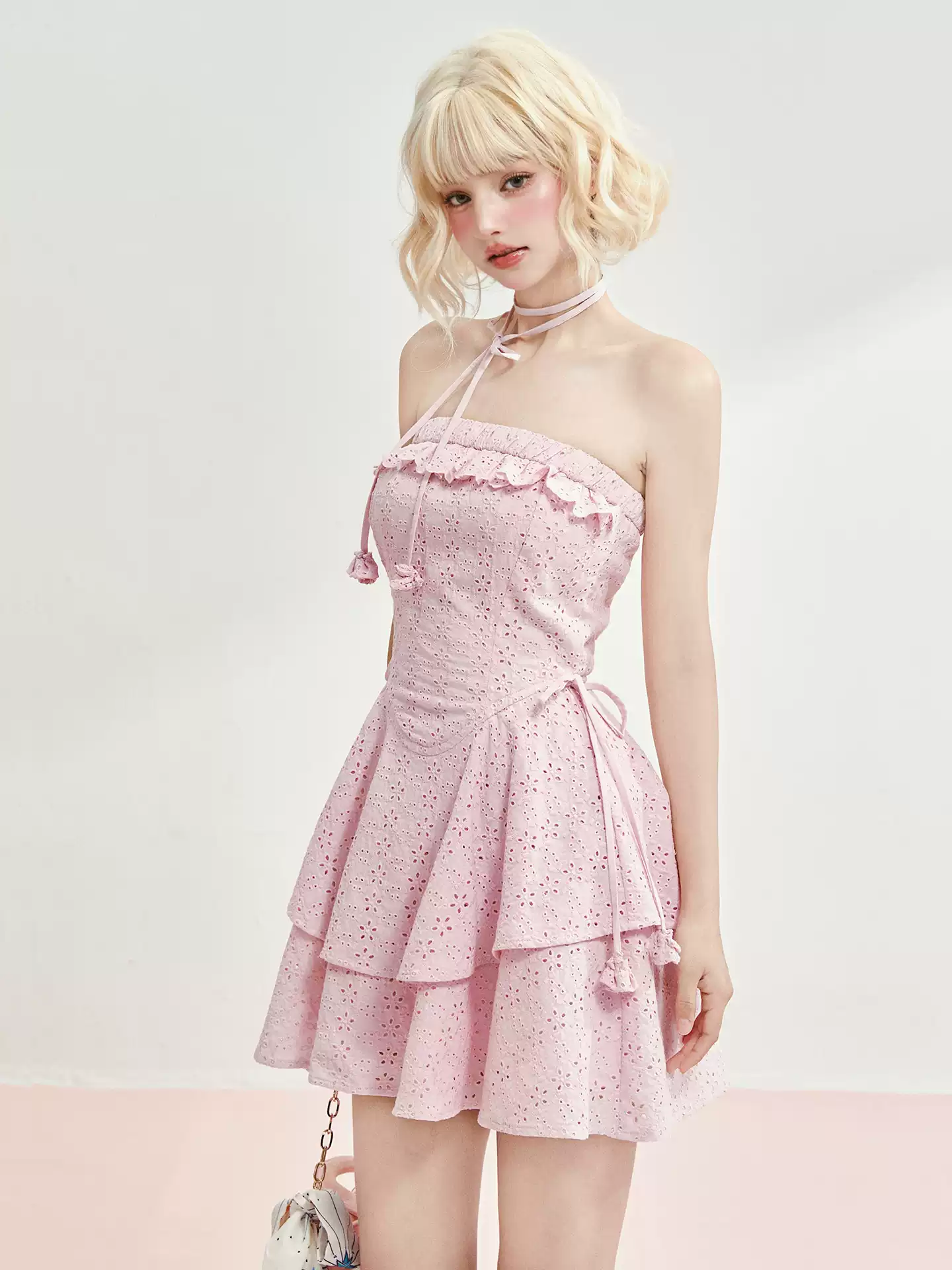 Pink Eyelet Embroidery Halter Strapless Mini Dress With Tiered Ruffle Skirt R9291