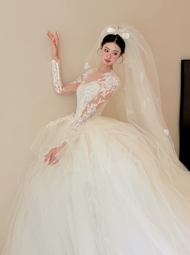 White lace top waist slim fit puffy skirt tulle long dress bridal dress R6029