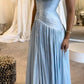 Light blue low-cut sexy waist-hugging pleated design dress, prom dress R5378