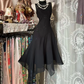 Black sleeveless fitted waist elegant ball gown with asymmetrical hem R7560