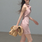 Pink Halter Neck Bow Detail Mini Dress Women Sleeveless Bodycon Dress R9364