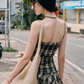 Brown Plaid Cami Mini Dress With Lace Trim And Pleated Skirt R9285